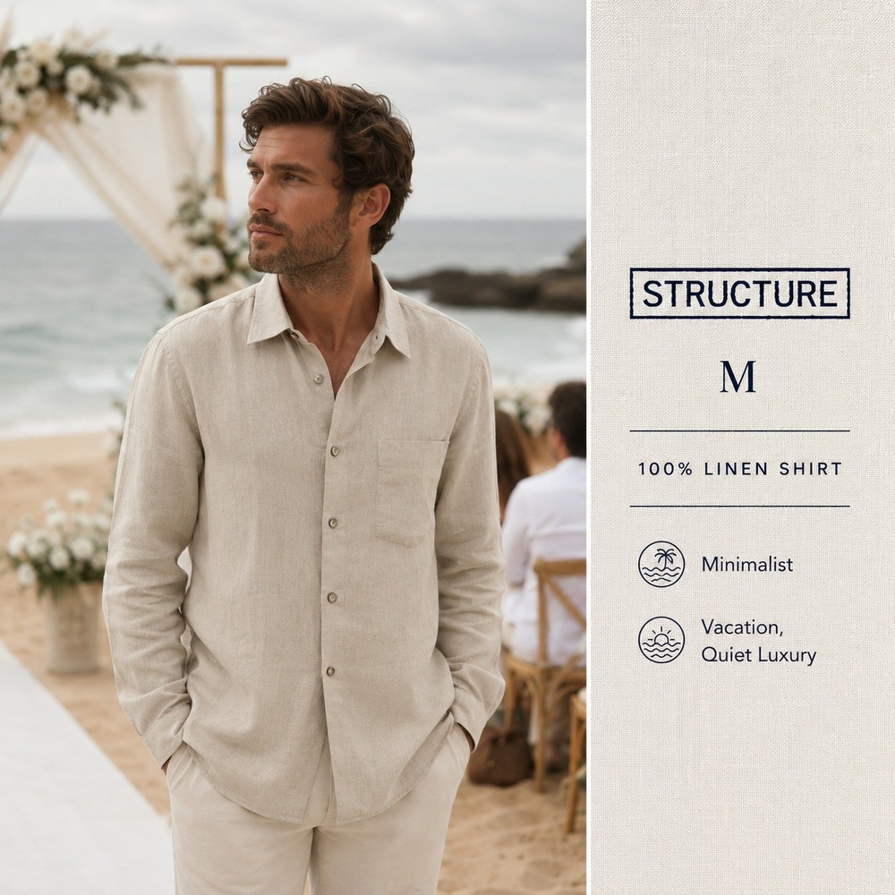 Structure Linen Shirt Mens Medium Beige Solid Relaxed 90s Coastal Minimalist